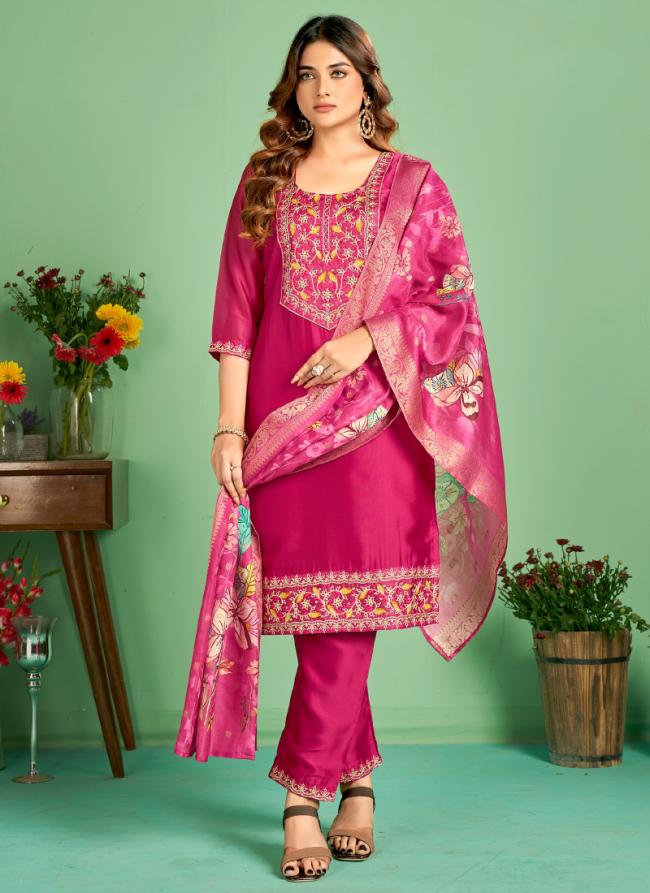 Silk Pink Festival Wear Embroidery Work Readymade Kurti Set